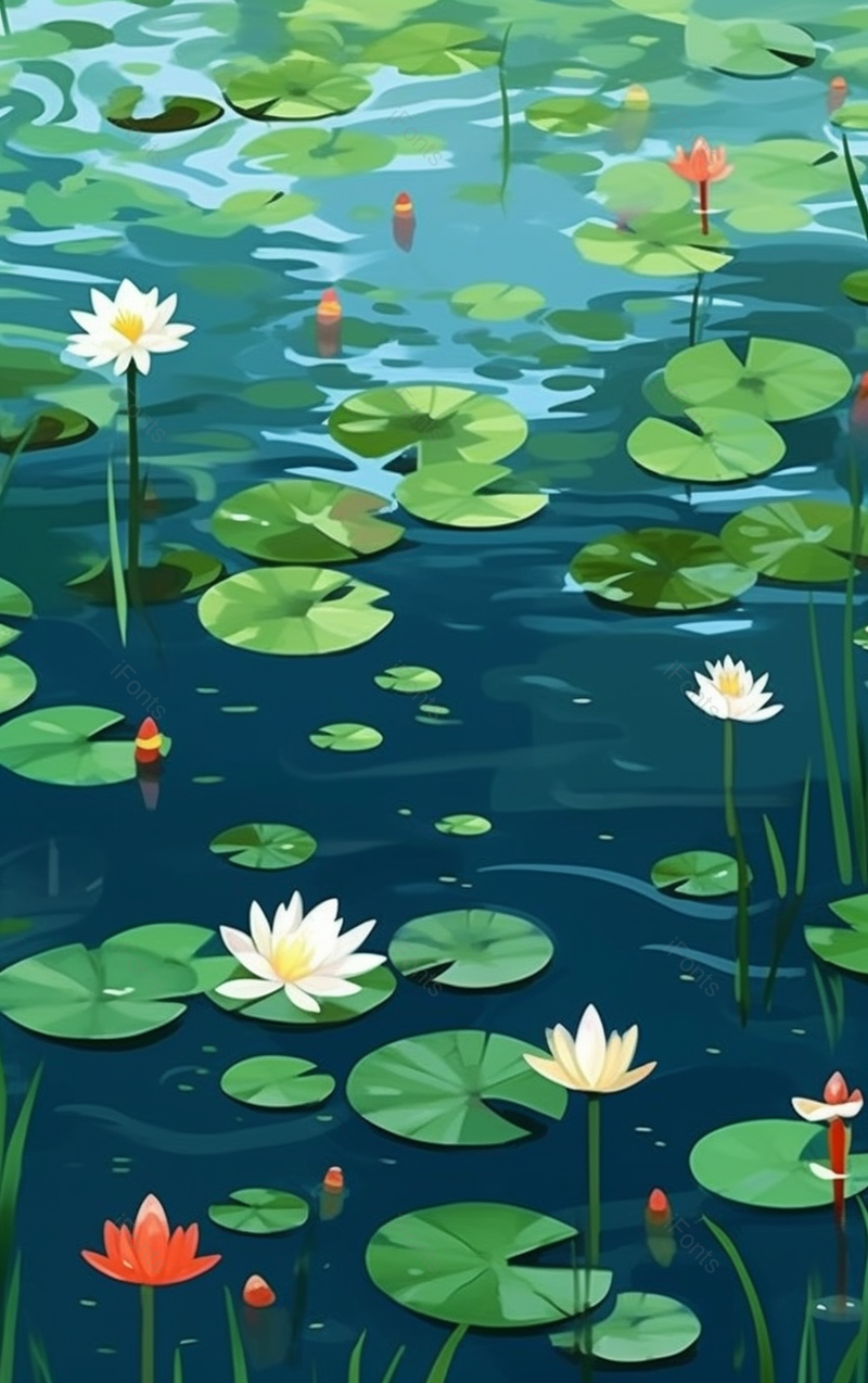 绿色田园风光风格池塘里荷叶荷花背景,插画/手绘图,插画/手绘图库,插画/手绘图下载,插画/手绘